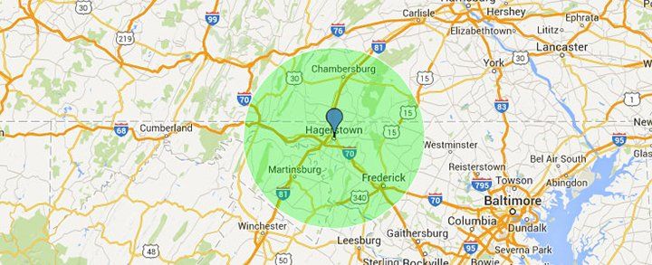 Service-area map showing Hagerstown, Maryland and the surrounding region